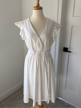 Cupshe White Eyelet Smocked-Waist Midi Dress with Ruffle Cap Sleeves